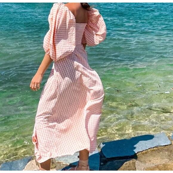 SUNDRESS Balloon Sleeve Gingham Maxi Dress Peach Size XS/S - Picture 3 of 11